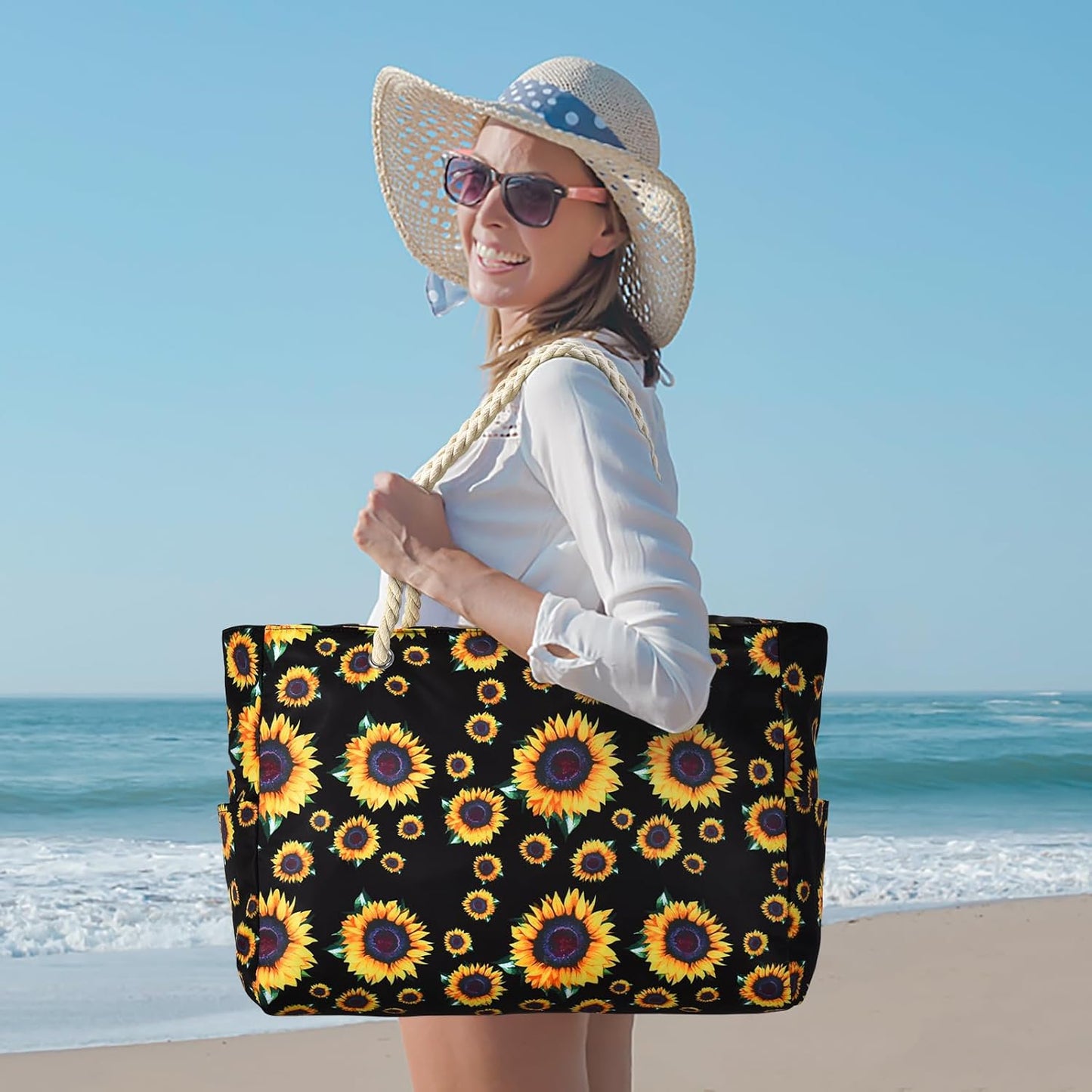 Waterproof Large Tote Bag with Zippered Storage and Side Pockets
