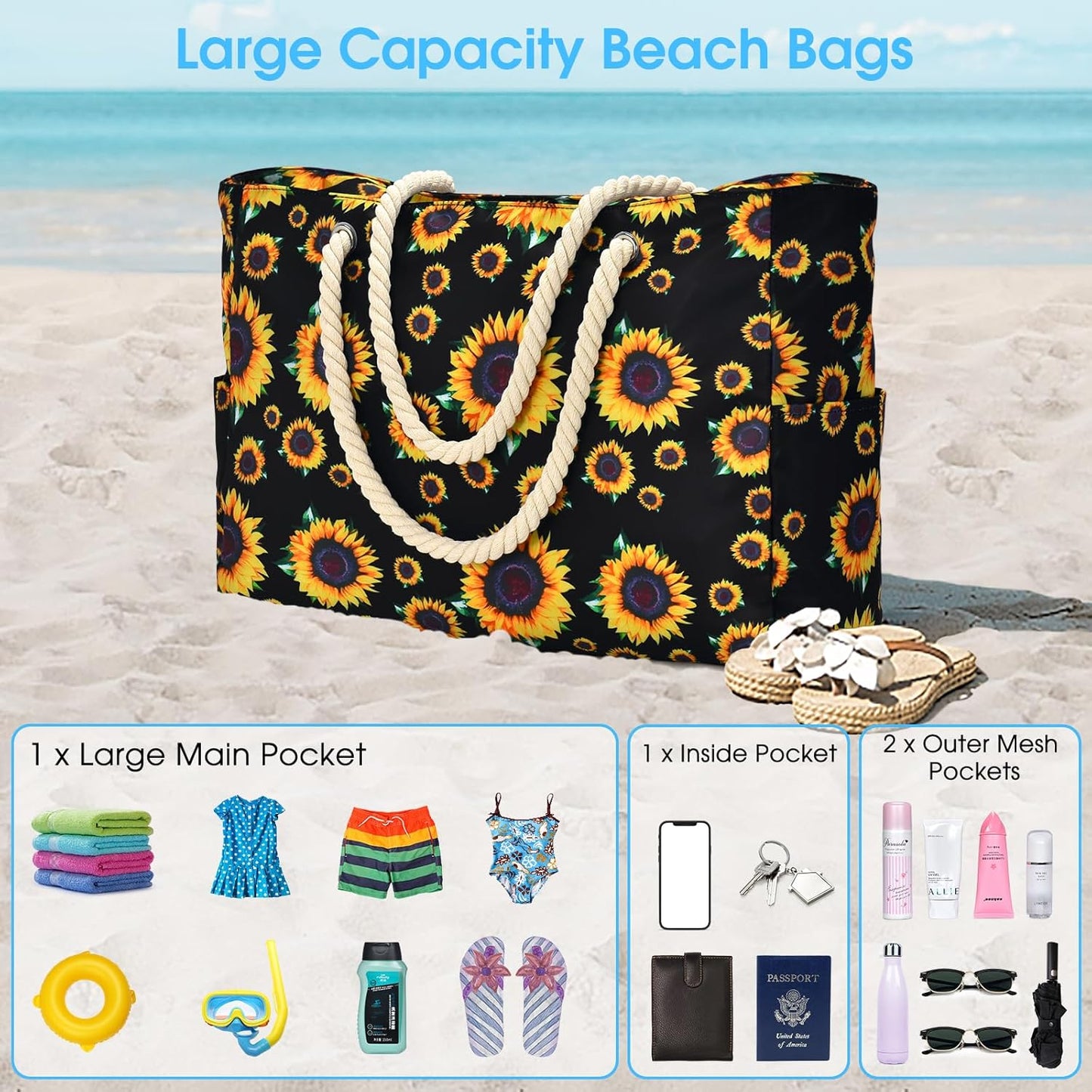 Waterproof Large Tote Bag with Zippered Storage and Side Pockets
