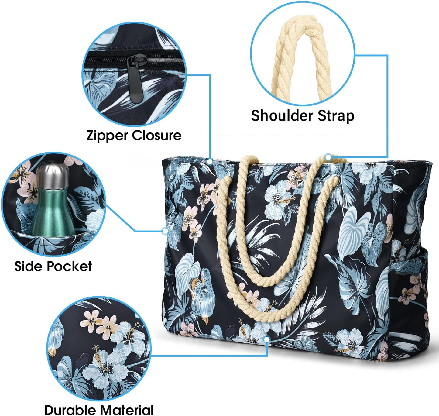 Waterproof Large Tote Bag with Zippered Storage and Side Pockets