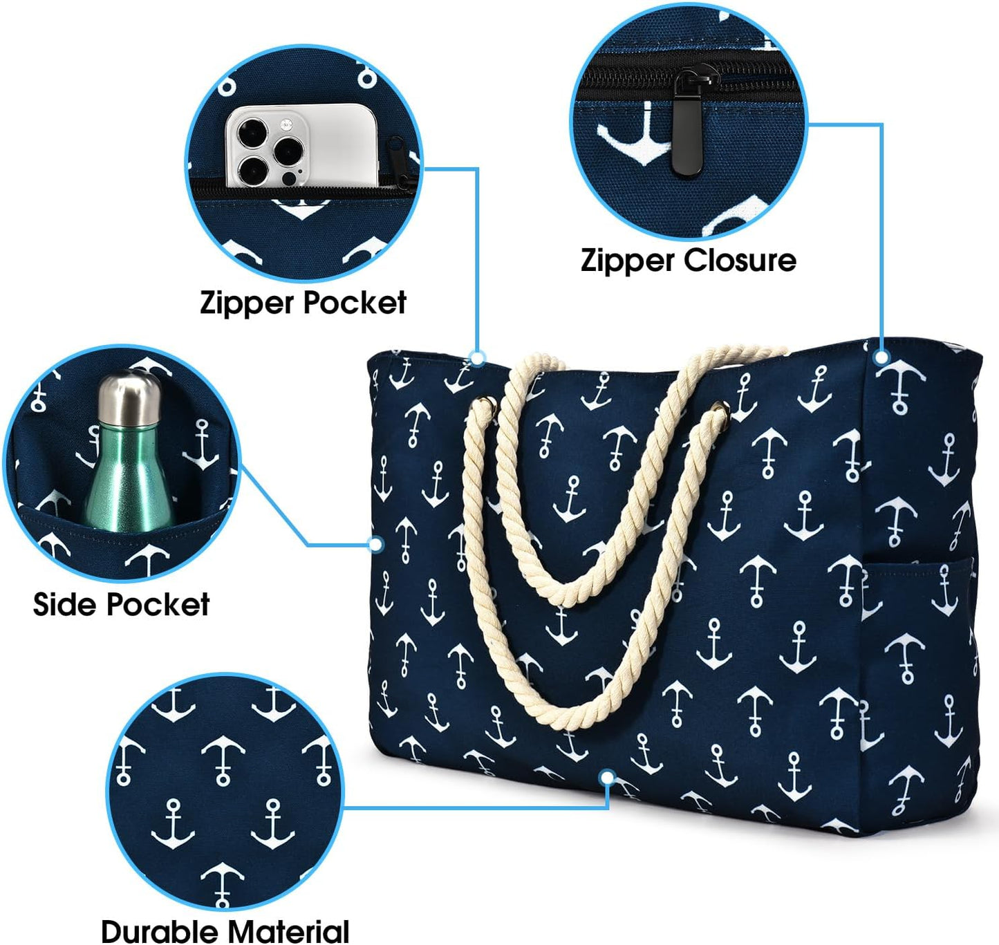Waterproof Large Tote Bag with Zippered Storage and Side Pockets