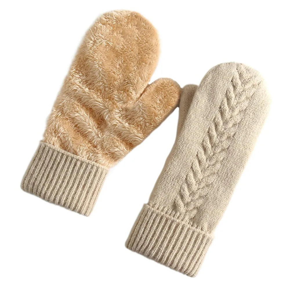 Double Layer Fleece Lined Knit Winter Mittens