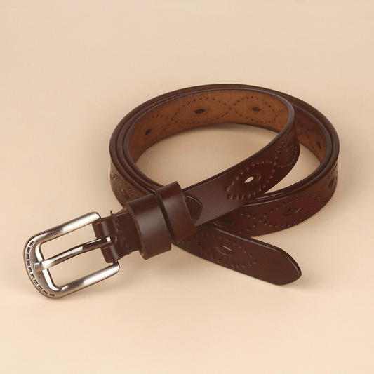 Elegant Vintage Leather Belt with Copper Buckle