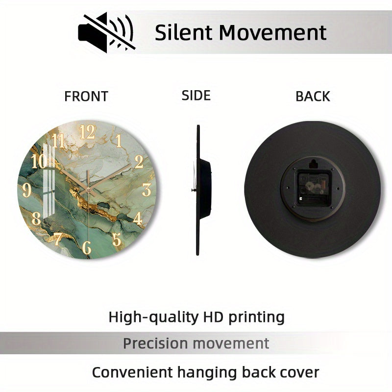 Abstract Marble Wall Clock with Gold Accents - Silent Wooden Round Design