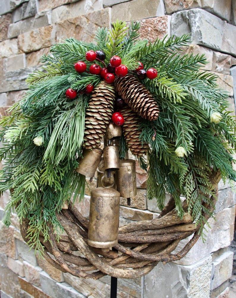 Boho Farmhouse Christmas Wreath with Pinecones and Bells