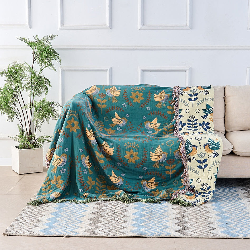 Reversible Cotton Scandinavian Bird Throw Blanket
