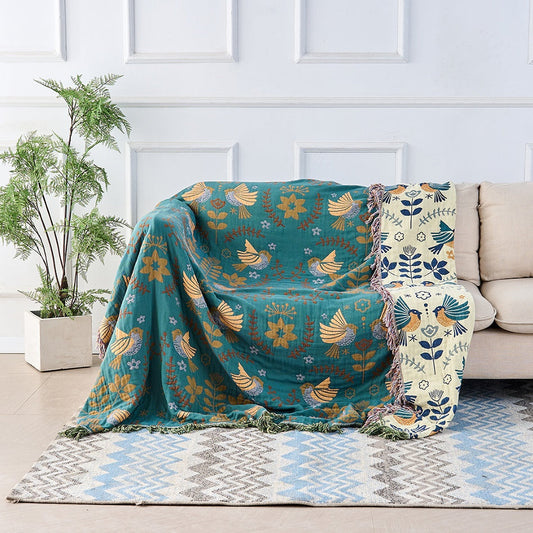 Reversible Cotton Scandinavian Bird Throw Blanket