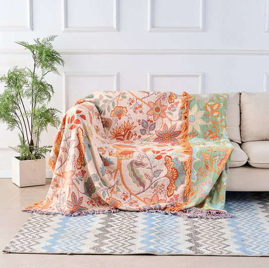 Boho Floral Cotton Throw Blanket with Fringe