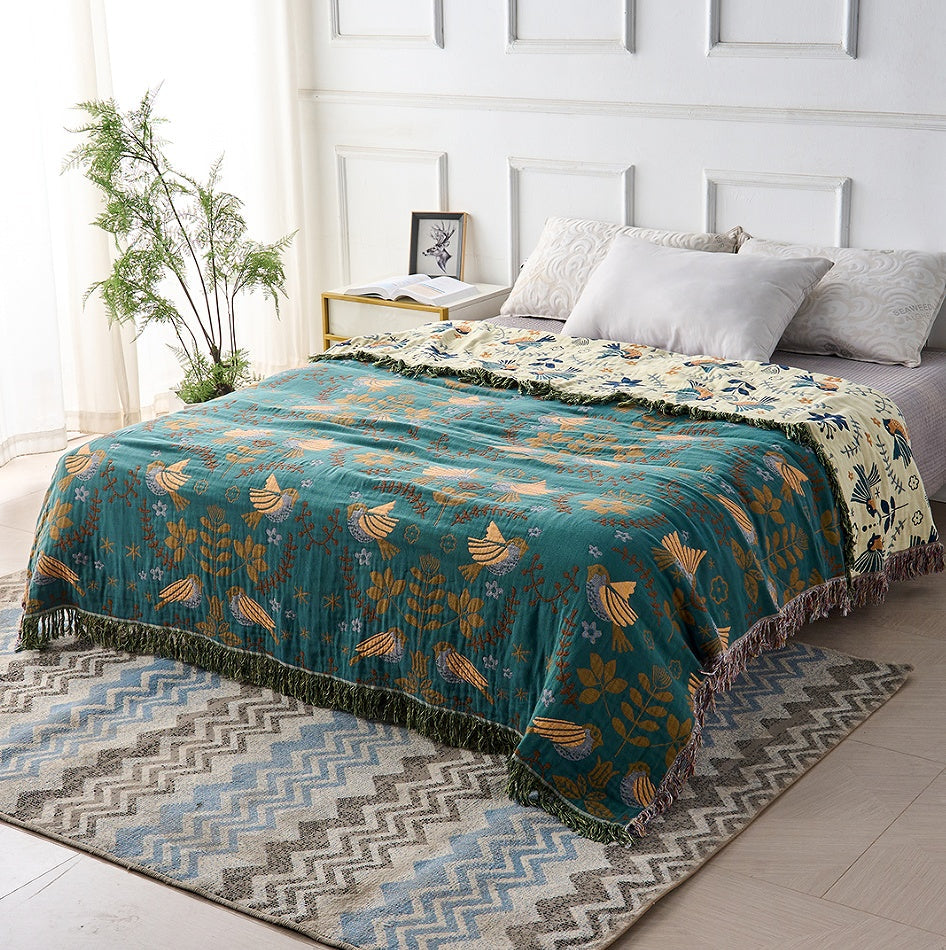 Reversible Cotton Scandinavian Bird Throw Blanket