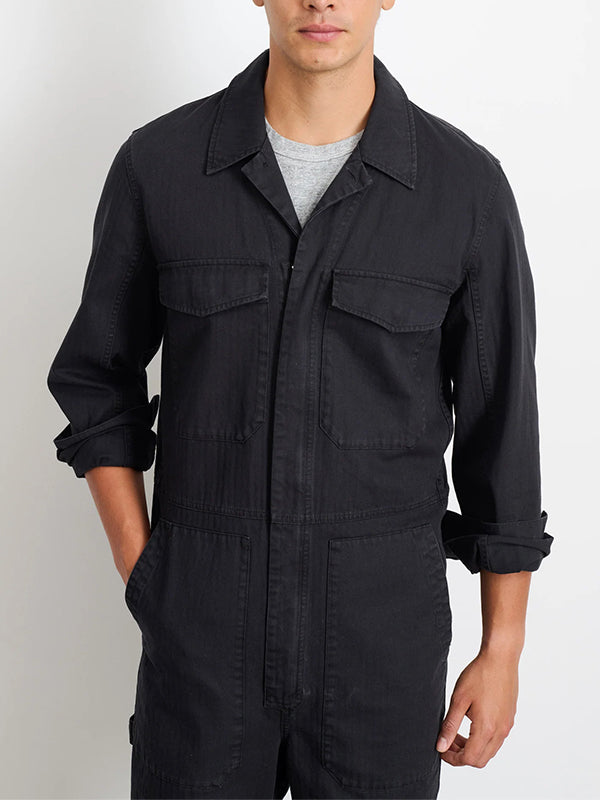 Men's Slim Fit Military Zip Jumpsuit in Cotton Herringbone