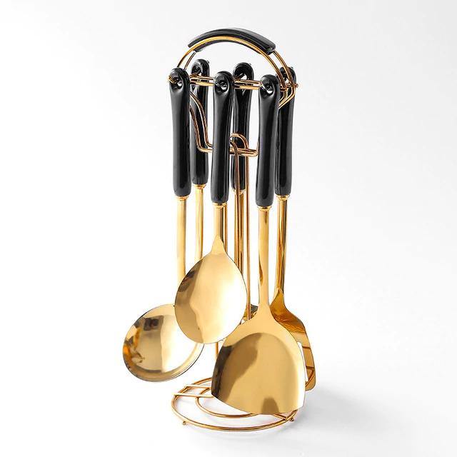 Golden Stainless Steel Kitchen Utensil Set with Ceramic Handles and Stand