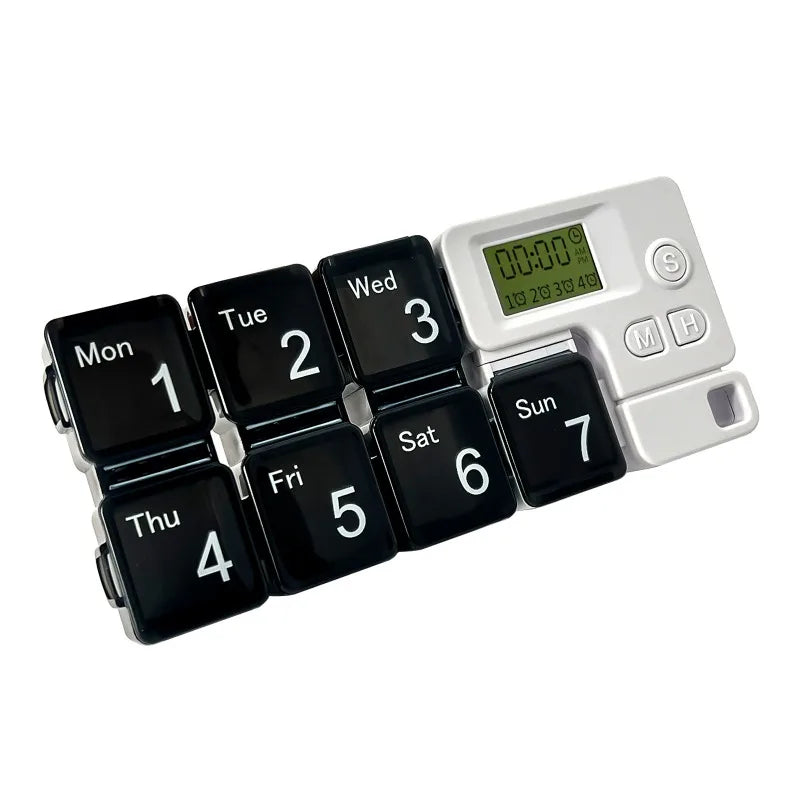 Electronic Weekly Pill Organizer with Alarms and Memory Function