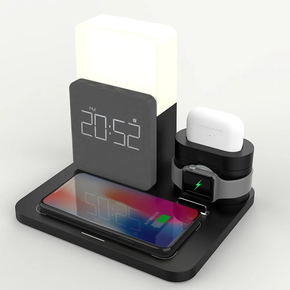 Multifunctional Wireless Charging Station with LED Lamp and Alarm Clock