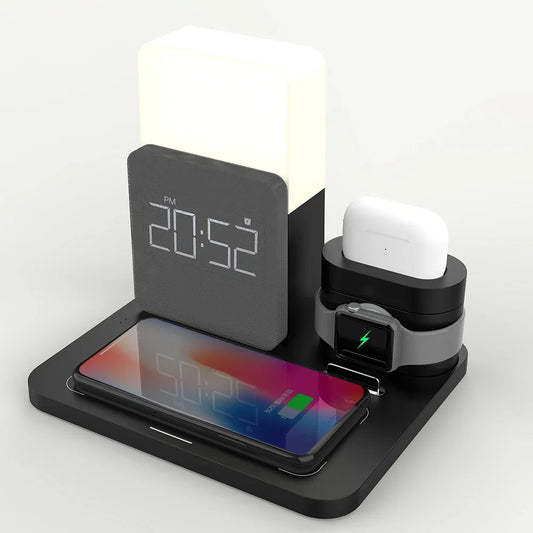 Multifunctional Wireless Charging Station with LED Lamp and Alarm Clock