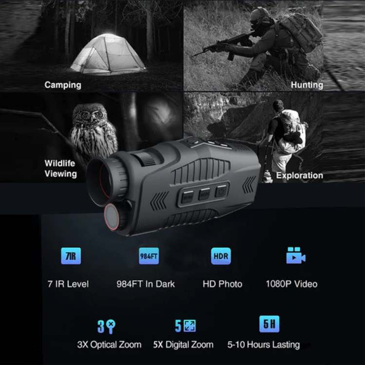 HD Night Vision Monocular with 10x Zoom and 850nm IR Illumination