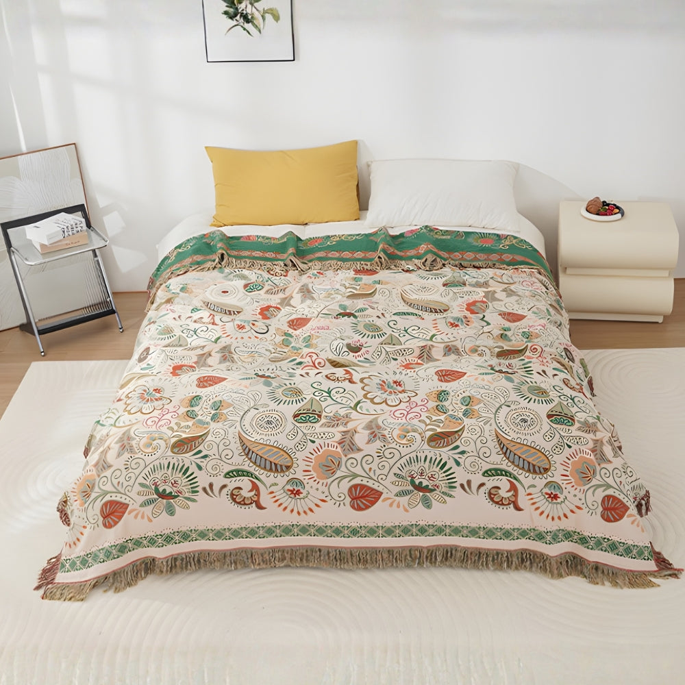 Reversible Boho Floral Throw Blanket with Tasseled Edges