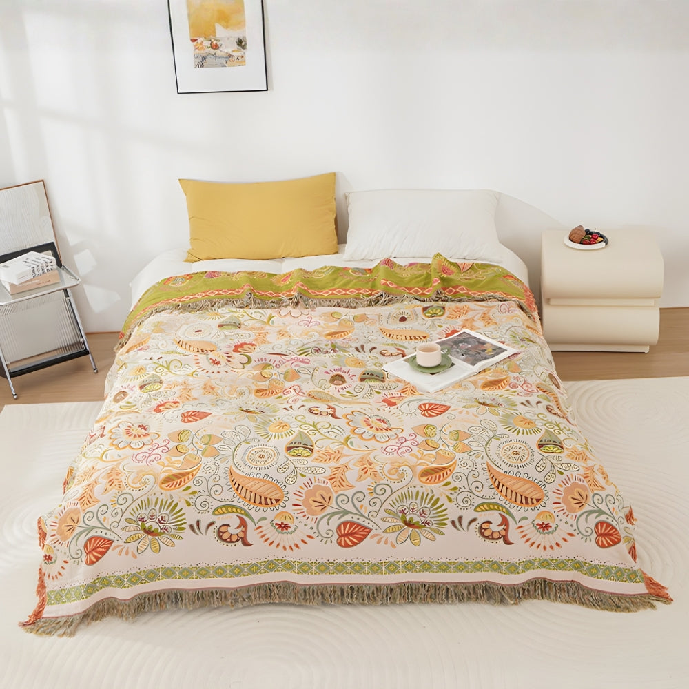 Reversible Boho Floral Throw Blanket with Tasseled Edges