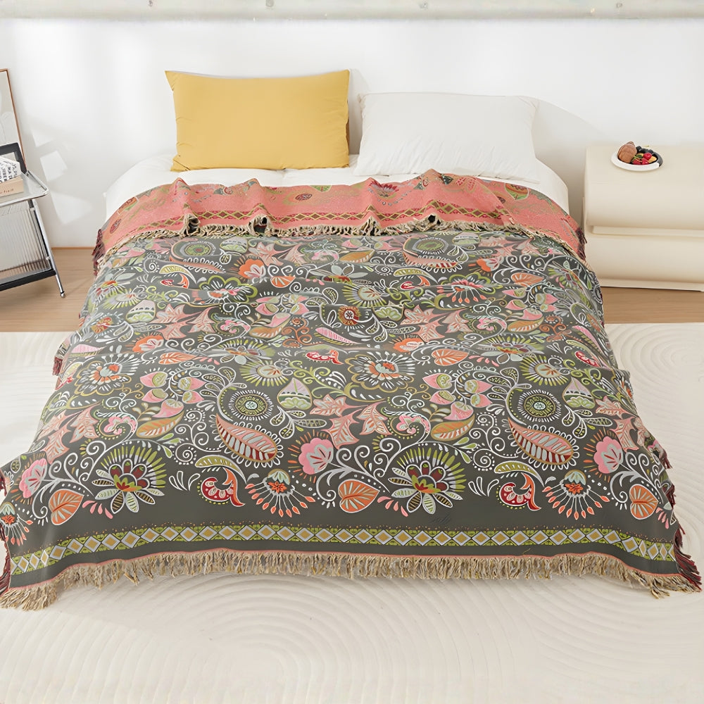 Reversible Boho Floral Throw Blanket with Tasseled Edges