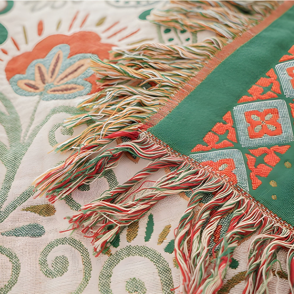 Reversible Boho Floral Throw Blanket with Tasseled Edges