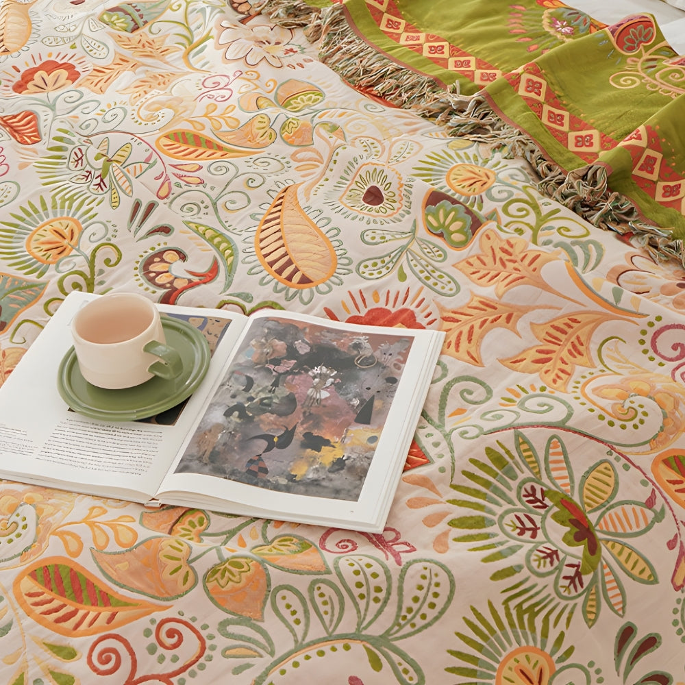 Reversible Boho Floral Throw Blanket with Tasseled Edges