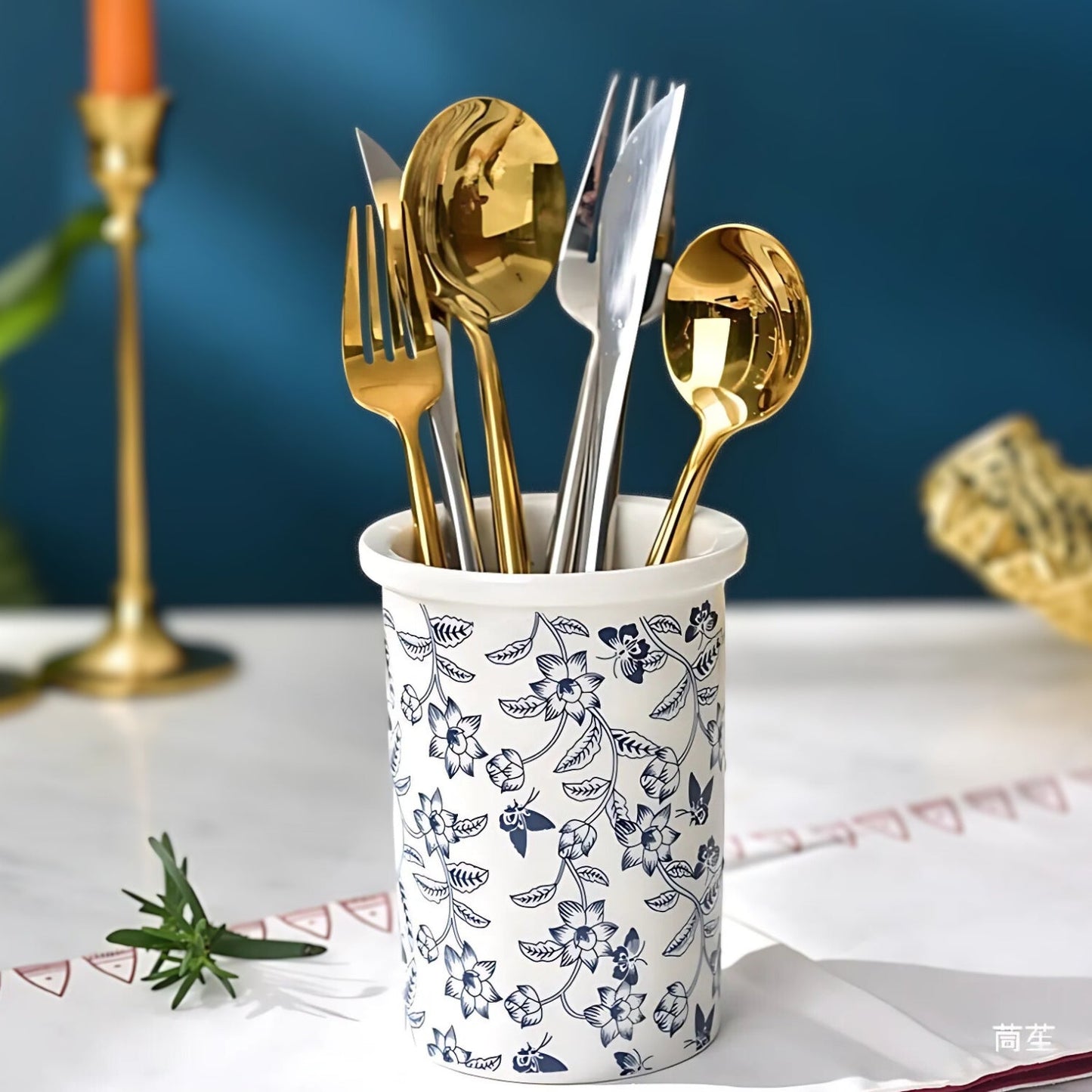 Ceramic Floral Utensil Holder Crock
