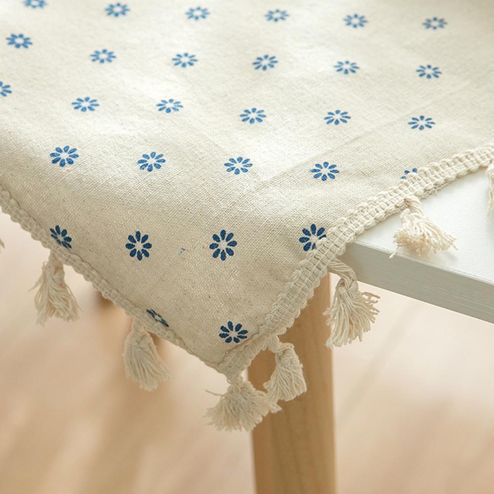 Blue Daisy Embroidered Linen Tablecloth with Fringed Edge