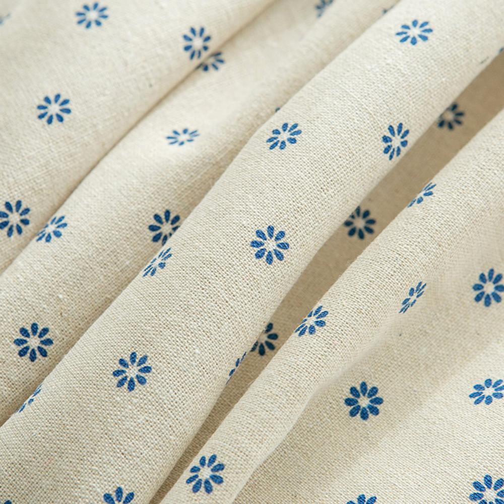 Blue Daisy Embroidered Linen Tablecloth with Fringed Edge