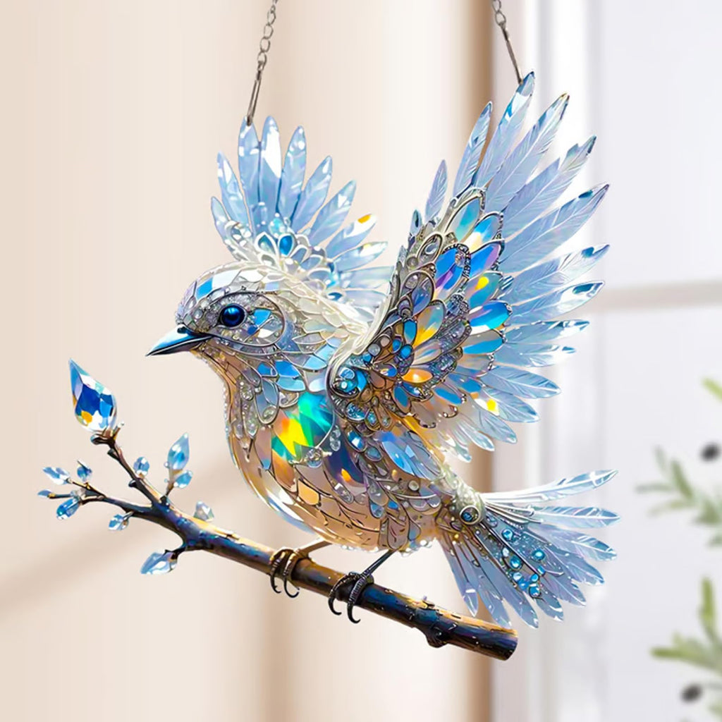 Blue Bird Hanging Glass Ornament with Crystal Finish