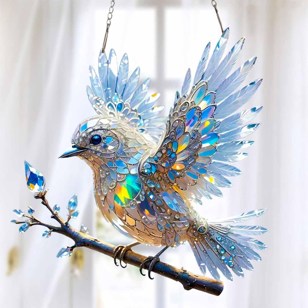 Blue Bird Hanging Glass Ornament with Crystal Finish