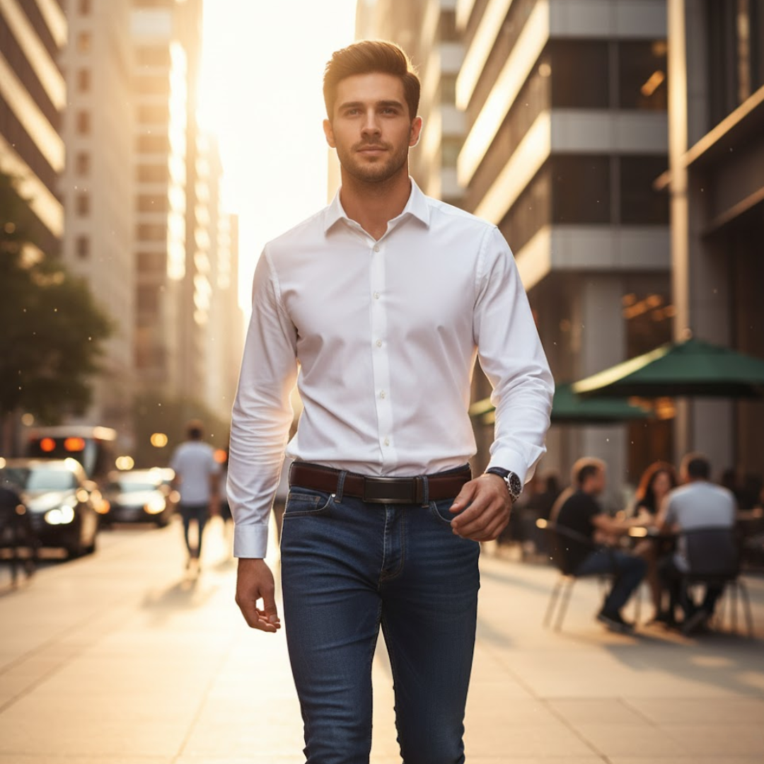 Men's Leather Dress Belt with Automatic Buckle - Elegant and Durable