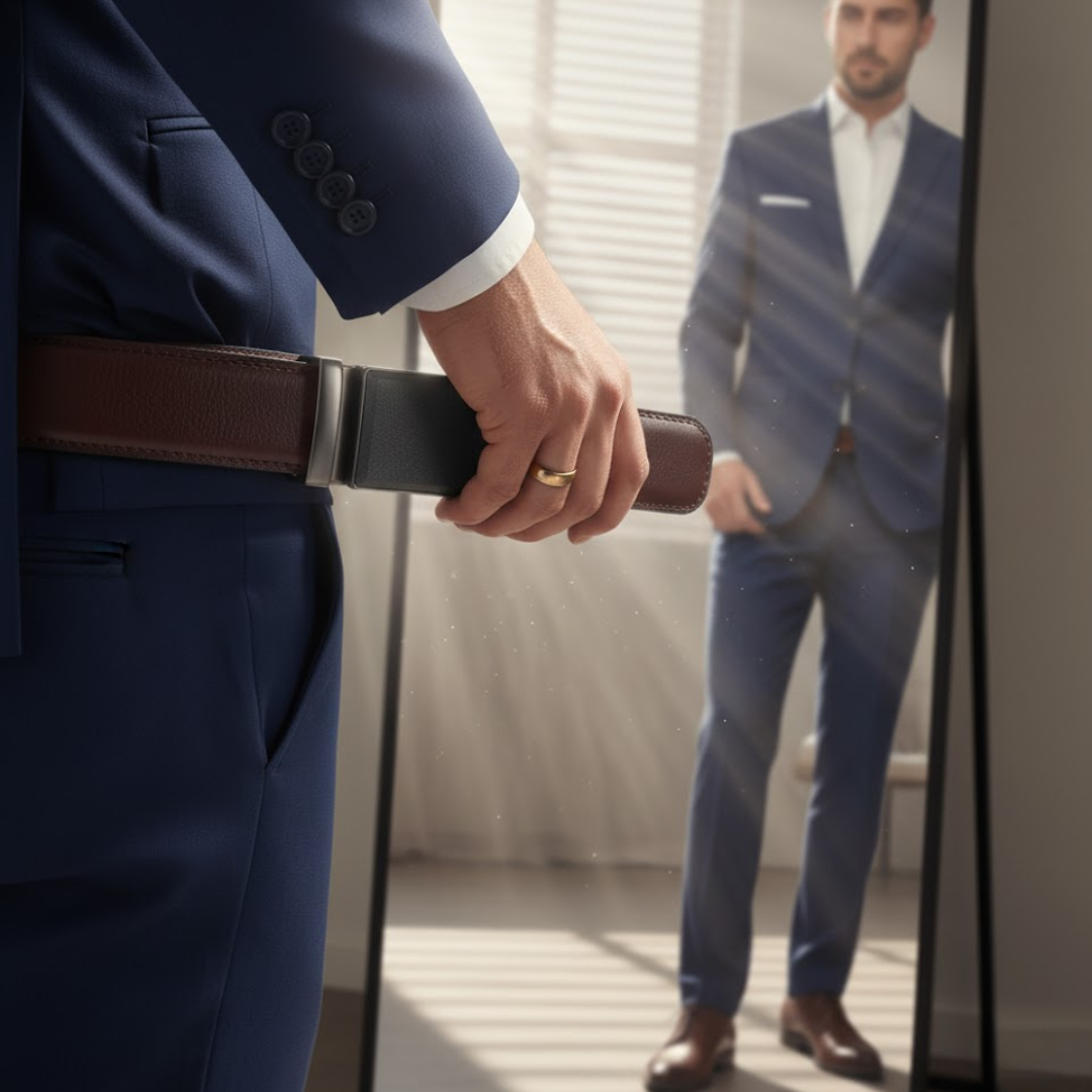 Men's Leather Dress Belt with Automatic Buckle - Elegant and Durable