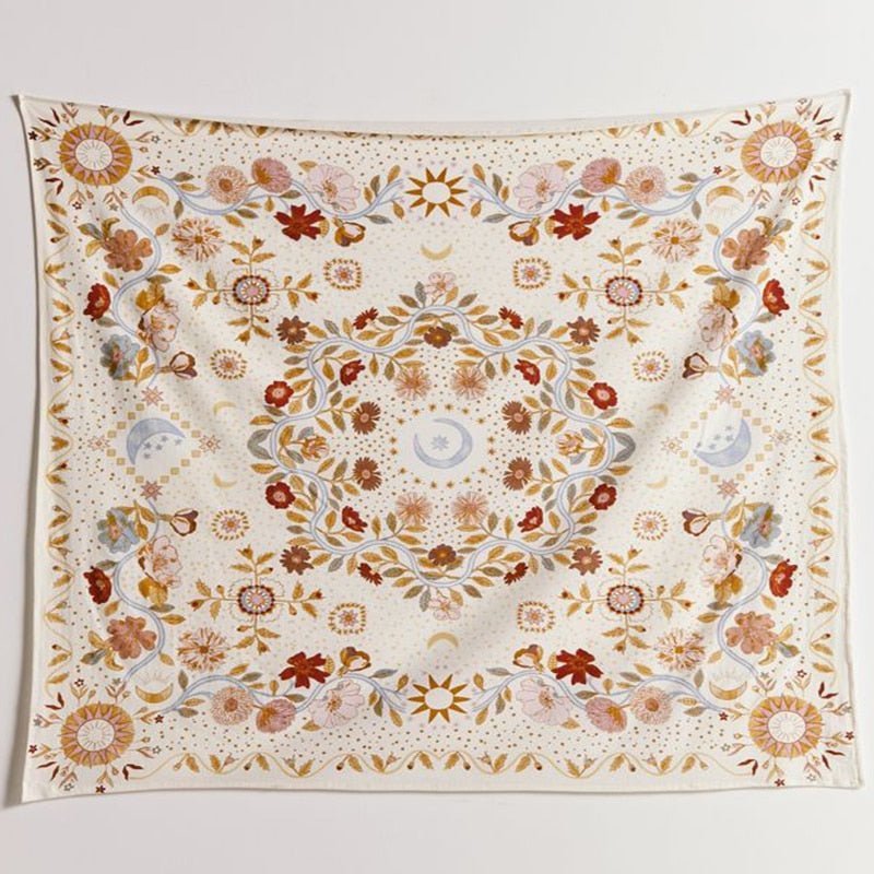 Bohemian Floral Tapestry with Lunar Phases