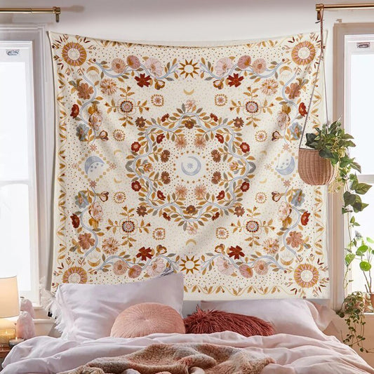 Bohemian Floral Tapestry with Lunar Phases