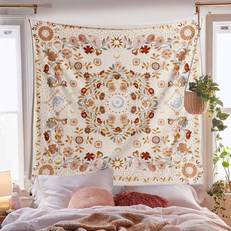 Botanical Flower Tapestry with Lunar Phases