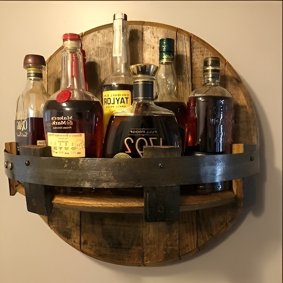 Rustic Bourbon Barrel Whiskey Shelf with D-Ring Hanger