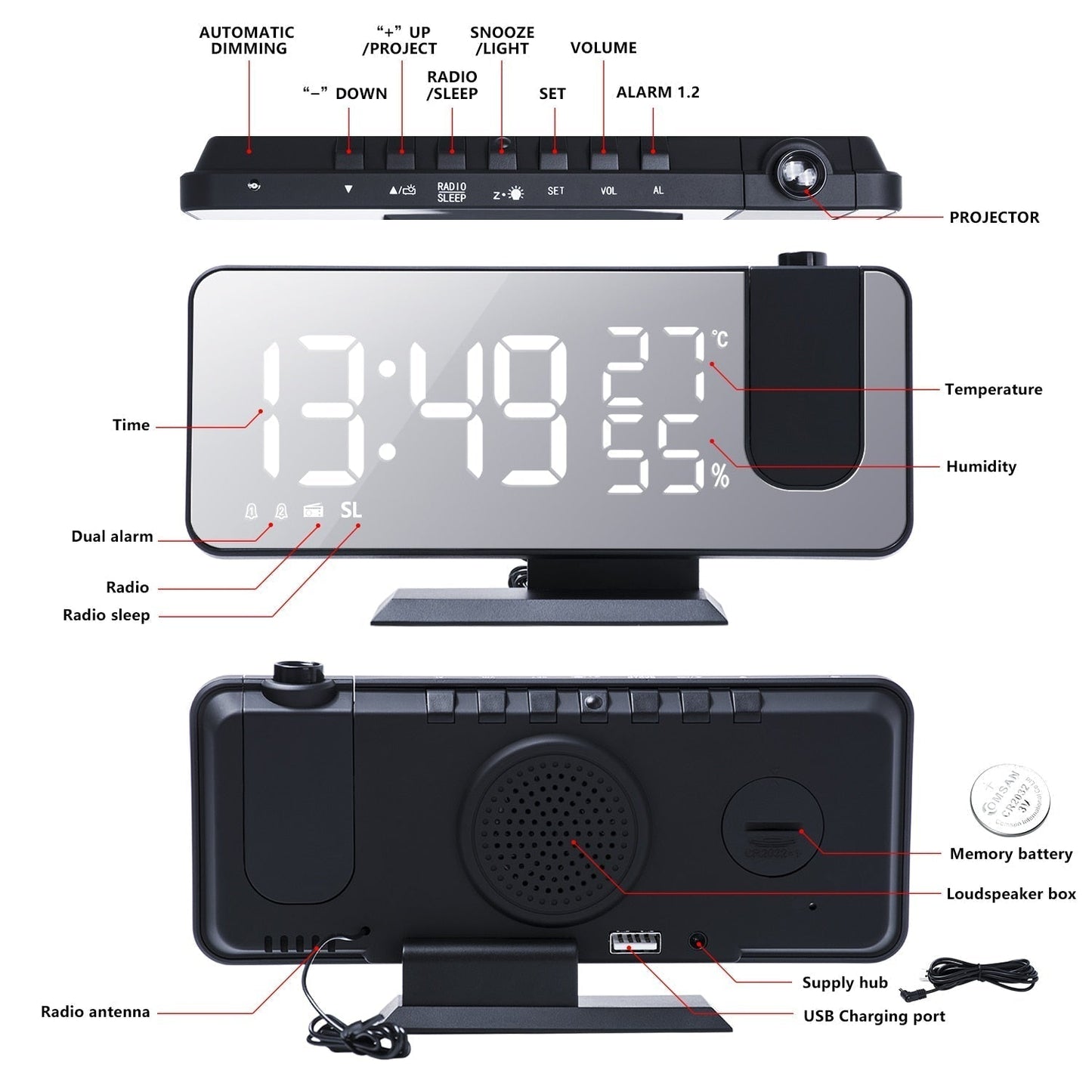 Digital Alarm Clock with 180° Projection and Large LED Display