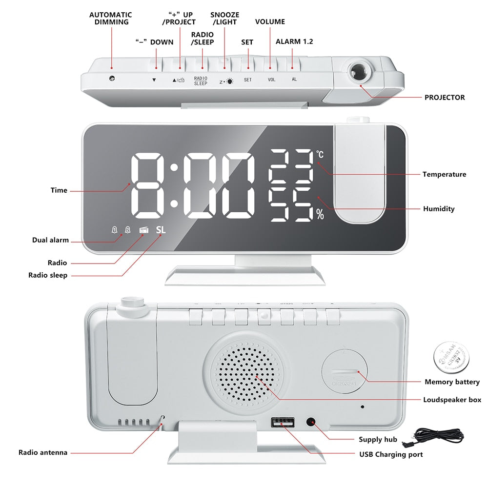 Digital Alarm Clock with 180° Projection and Large LED Display
