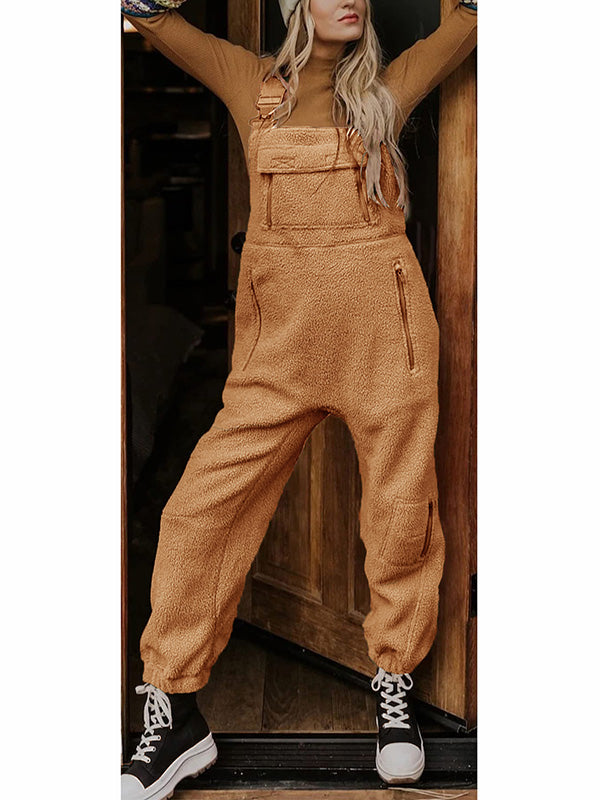 Women's Fleece Thermal Overalls with Adjustable Straps and Zippered Pockets