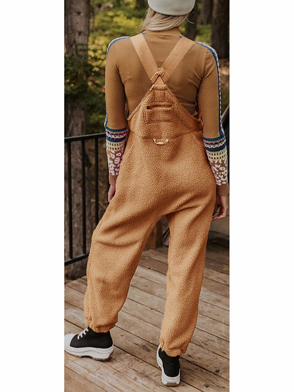 Women's Fleece Thermal Overalls with Adjustable Straps and Zippered Pockets