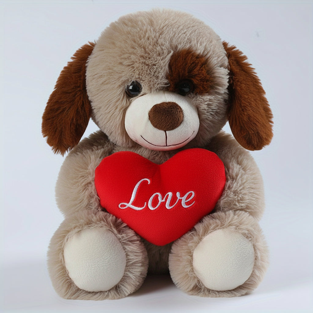 Plush Teddy Bear and Puppy Holding Love Heart