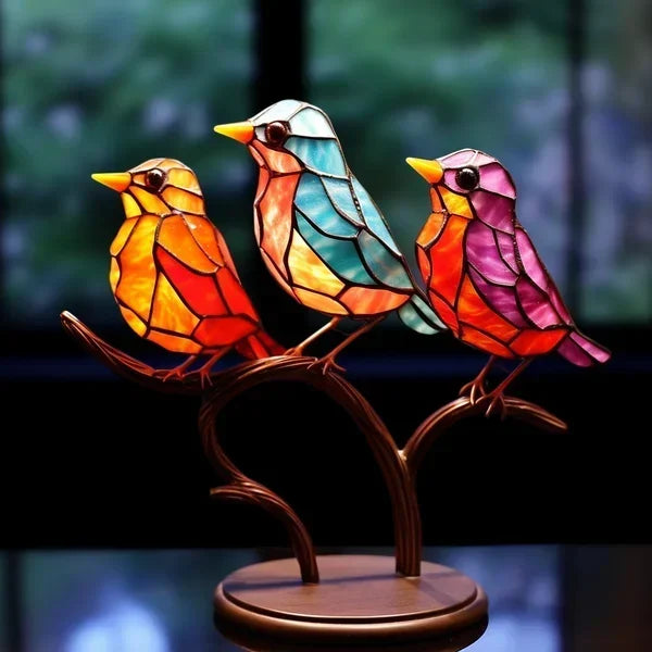 Multicolour Mosaic Glass Bird Ornament on Curved Metal Stand