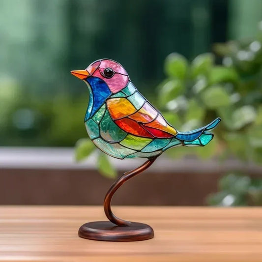Multicolour Mosaic Glass Bird Ornament on Curved Metal Stand