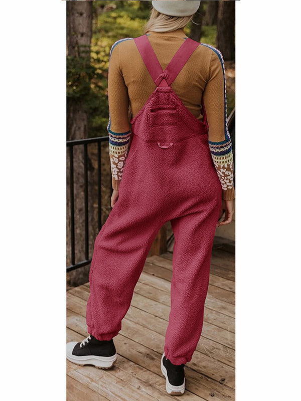 Women's Fleece Thermal Overalls with Adjustable Straps and Zippered Pockets