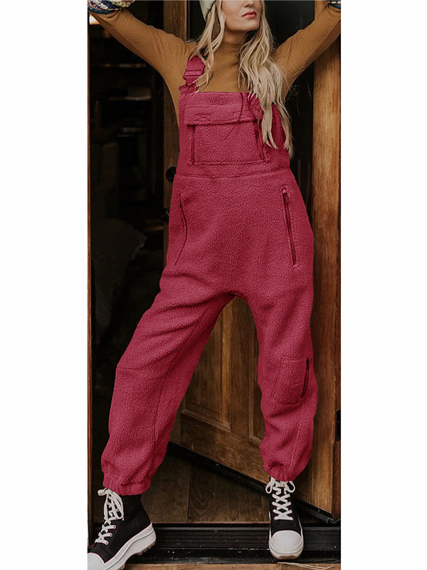 Women's Fleece Thermal Overalls with Adjustable Straps and Zippered Pockets