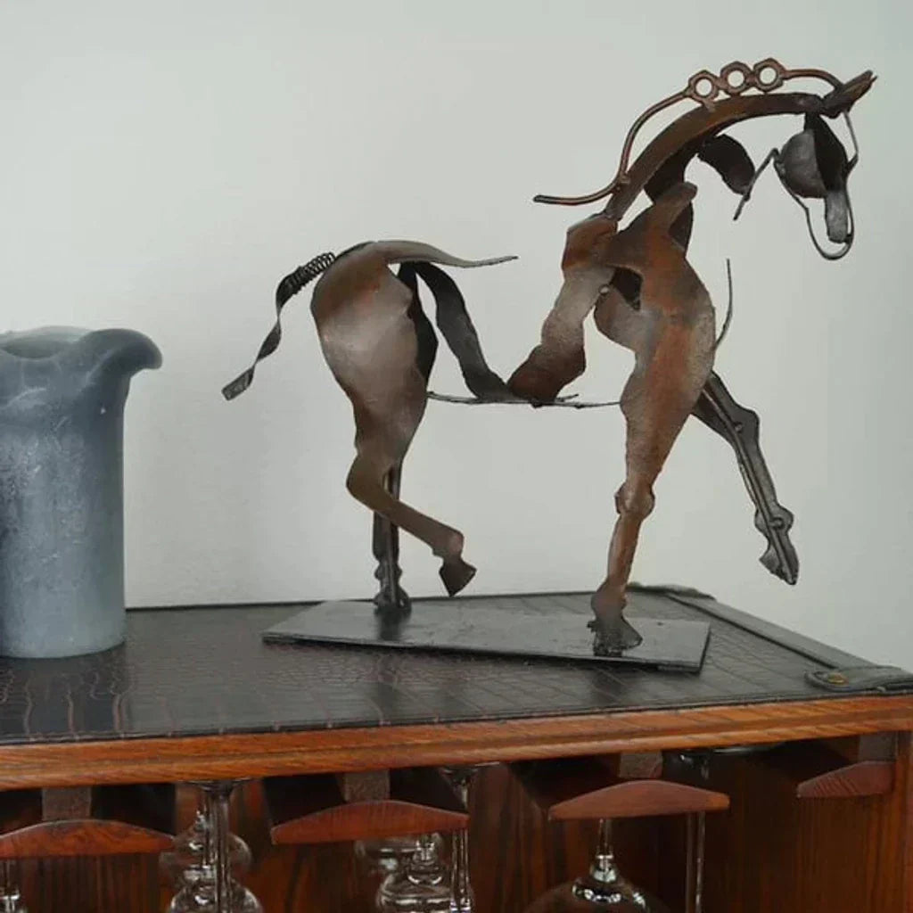 Rustic Metal Horse Sculpture - Hand-Painted Abstract Art