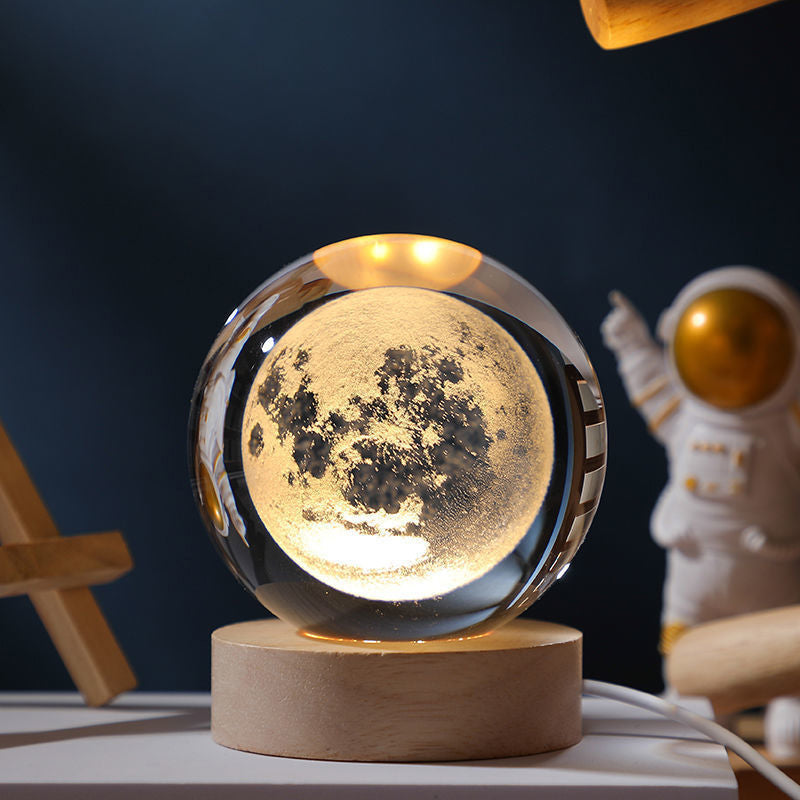 3D Solar System Crystal Ball Night Light with Wooden Base