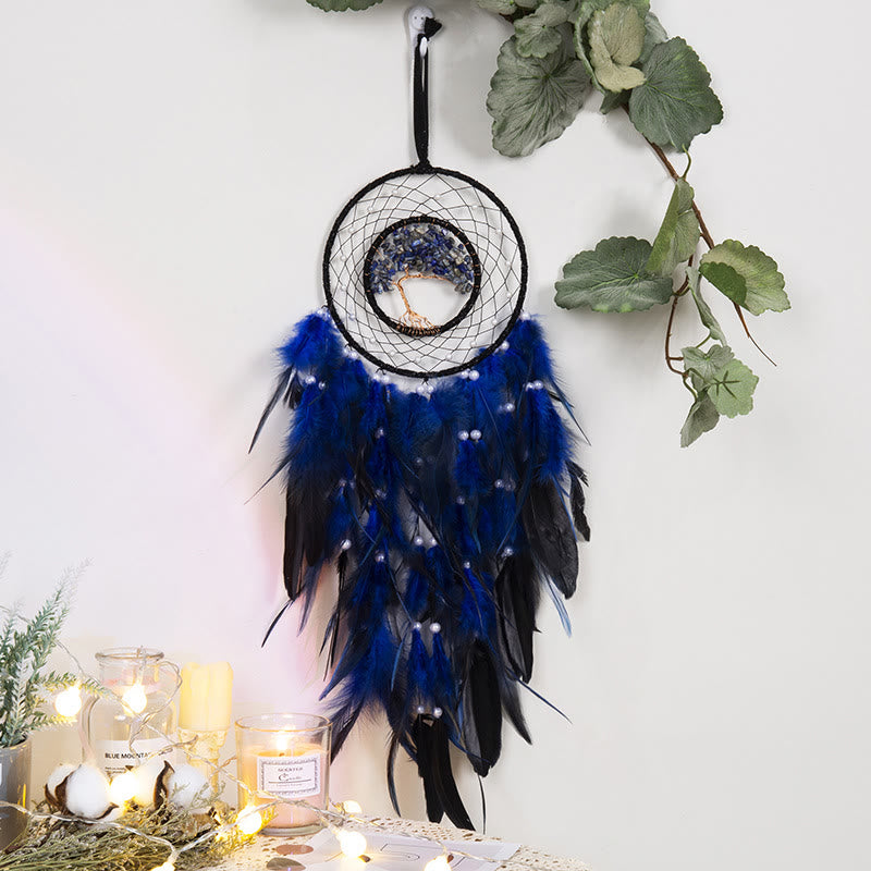 Crystal Tree of Life Dreamcatcher with Feather and Natural Stones