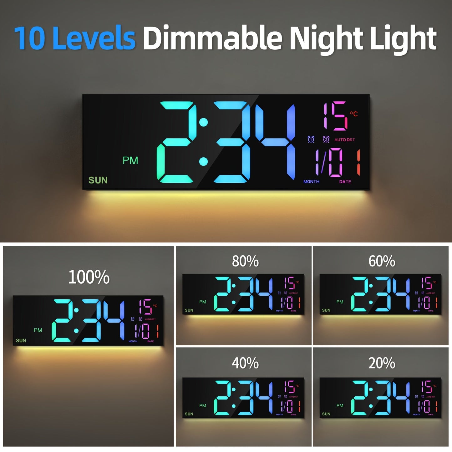 16-Inch RGB Digital Wall Clock with Remote Control and Auto Brightness