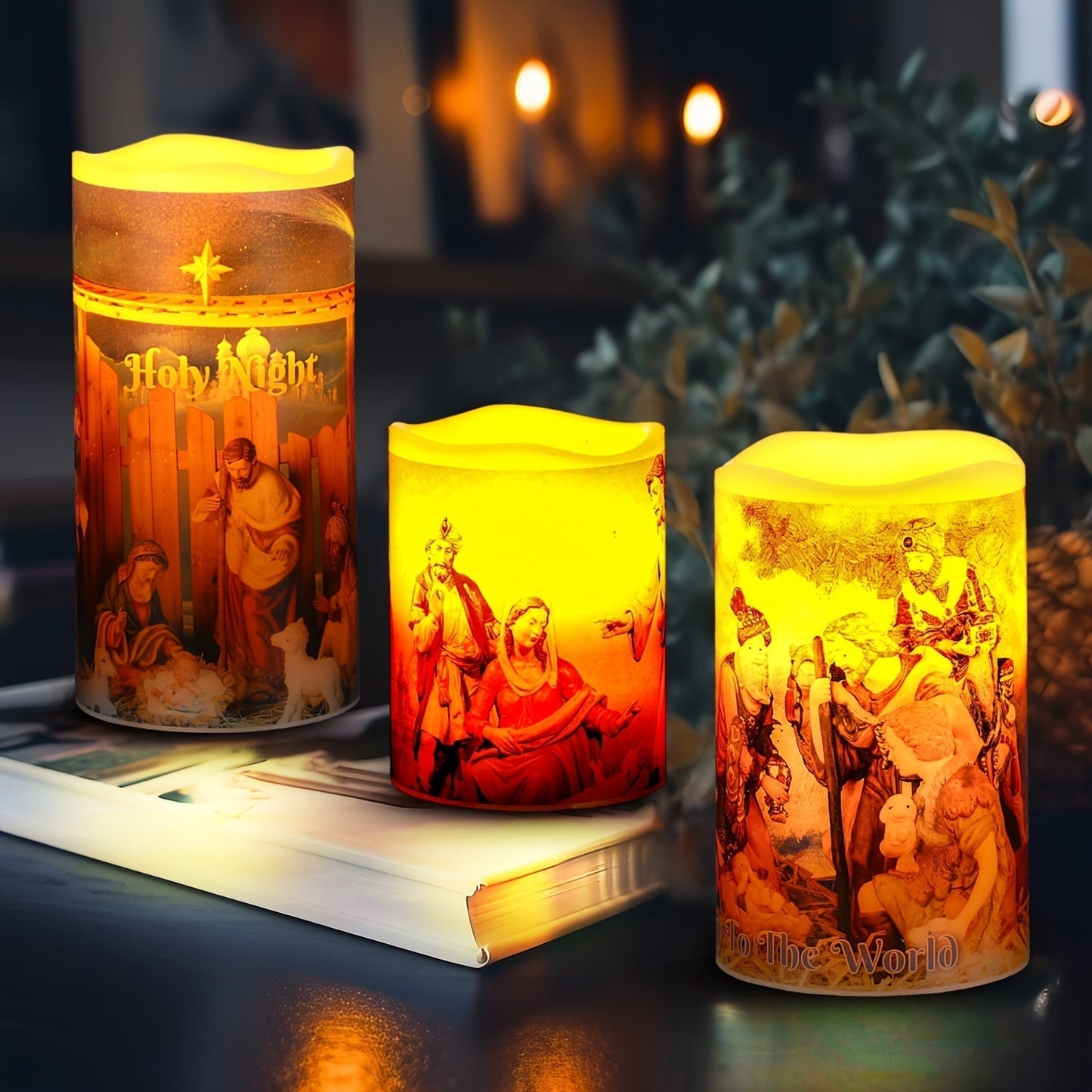 Flameless LED Christmas Candles Set with Nativity Scene – Battery-Powered Wax Lights with Timer