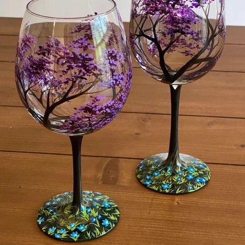 Hand Painted Four Seasons Tree Wine Glasses