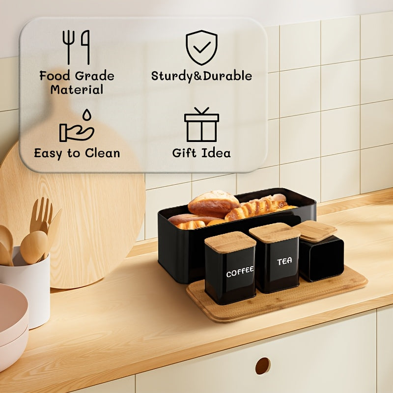 Bamboo Lid Bread Box Set with Tea, Coffee, Sugar Canisters